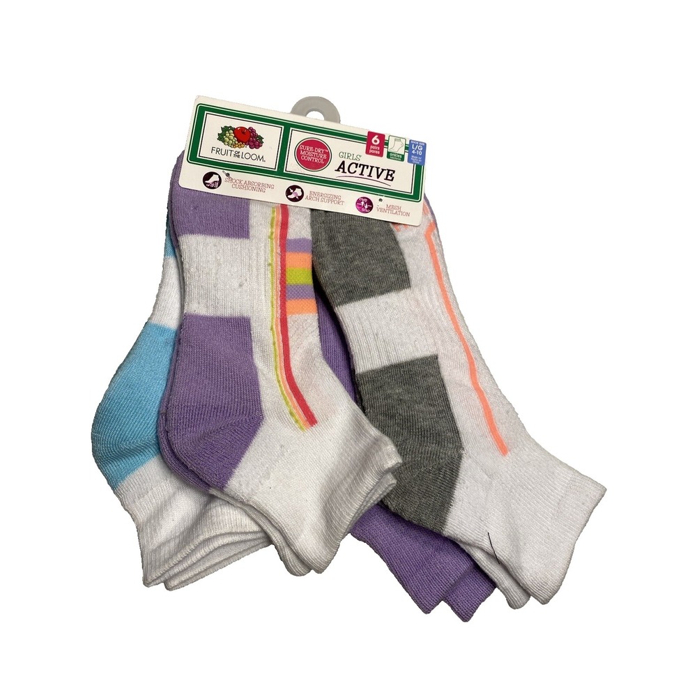 fruit of the loom girls active ankle socks‎ 6 pairs size large shoe 4-10
